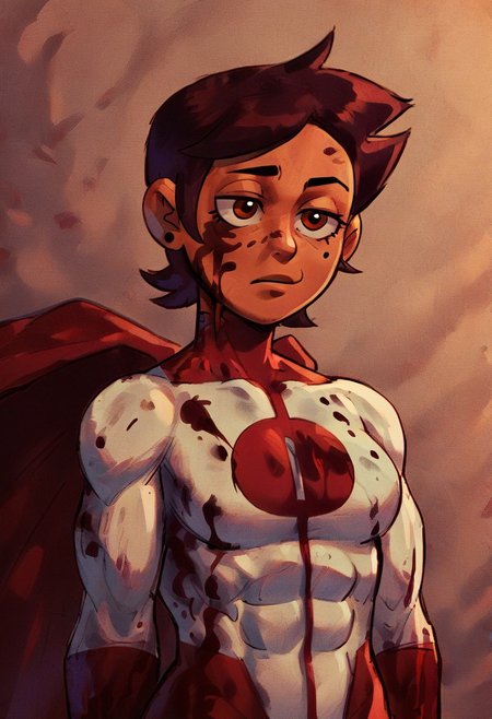 score_9, score_8_up, score_7_up 
   , masterpiece, beautiful,cold look, neutral expression, blood stain on face, blood stain on clothing,
Luz Noceda, brown hair, short hair, brown eyes, dark skin, medium breast, wide hips,
,Upper body,Omnimman,skintight suit, red O shaped chest emblem,red gloves,  red cape,  Muscle, flying, old japanese village background,