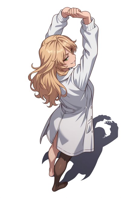 Smooth Quality,masterpiece,very intricate, high quality details, ultra realistic, high detailed skin,detailed enviorement,absurdres,
simple background, white background, 
from above,stretching pose, arms raised above head, one foot on tiptoe, slight back arch, elegant silhouette,  ,evil grin,
 <lora:Blade_cnn:0.8>bladecnn,1girl,  blonde hair, green eyes, long hair, 
oversized sweater, ,doctor coat,  ,single leg pantyhose, ,
