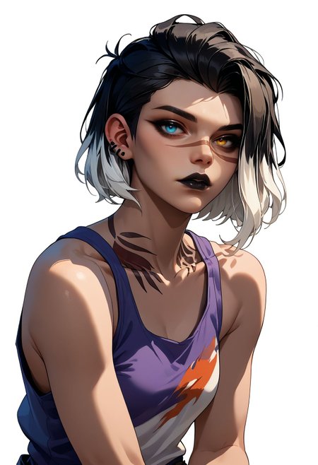 score_9,score_8_up,core_7_up, <lora:fade_valorant_pdxl:1>fadeValo,under cut, heterochromia, black lips, black hair, white hair, looking at viewer, tank top, shorts, wariza, white background,two-tone hair, multicolored hair, makeup, shoulders tattoo