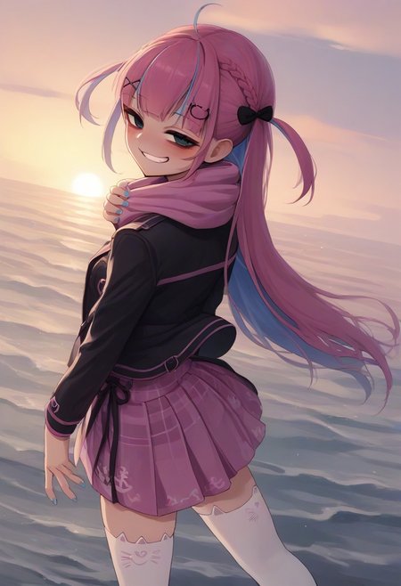 score_9, score_8_up, score_7_up, 
1gril, source_anime, source_cartoon, Cinematic still,Cinematic lighting,Sunset,Volumetric lighting,Beach,Nikon Z6,cowboy shot,Silhouette shot, back, from above,
aquauni, x hair ornament, hairclip, hair bow, black bow, white shirt, pink skirt, pleated skirt, plaid skirt, high-waist skirt, black jacket, open jacket, pink scarf, white thighhighs, cat ear legwear, nail polish, blue nails, enpera, anchor print,
long hair, naughty face, half closed eyes, small breasts, grin, eyeliner, makeup, ((inward_v)), ((inward_peace)), (bags_under_eyes), blush