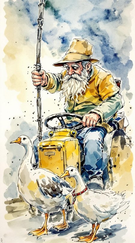Old man driving blue-yellow with handle, accompanied by a goose, by Jean-Baptiste Monge, watercolor and ink, intricate details, fantasy, beautiful, award winning, colorful, fantastic view, crisp quality