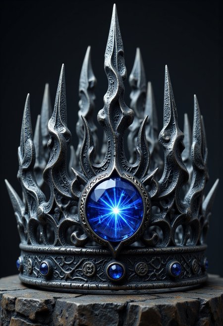 A crown of intertwined silver and blackened steel, its spires jagged and uneven, resembling a frozen storm. At its center, a sapphire the size of a clenched fist pulses faintly, emitting a ghostly blue light that flickers in time with the wearer’s heartbeat. The inside of the crown is lined with ancient carvings, their meanings lost to history, but when pressed against the head, faint whispers in a forgotten language creep into the mind.
   , aidmamjv7, aidmaHyperrealism, aidmaimageupgrader