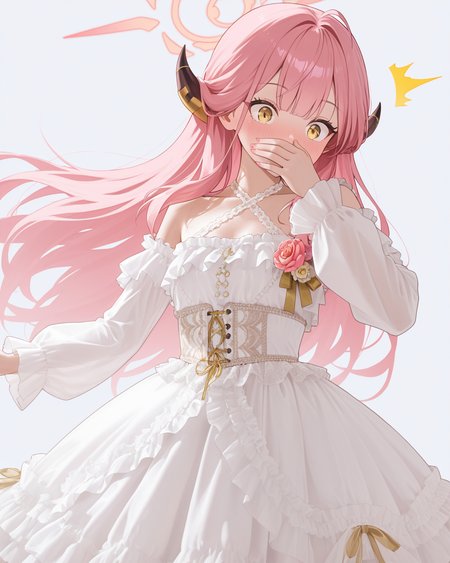 Positive: Masterpiece, best quality, amazing quality, very aesthetic, high resolution, ultra-detailed, absurdres,
1girl,solo,white_background,
zzAru, yellow eyes, pink hair, long hair, demon horns, halo,
white off-shoulder lace ruffled dress,
white dress,white off-shoulder,lace,frills,
criss-cross halter,
corsage,jewelry,
long sleeves,detached sleeves, 
cowboy_shot, surprised,covering mouth