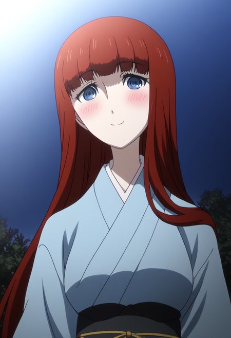rating_safe, Ultra-high-detailed Anime illustration of Kagari Shiina from Anime Steins;Gate 0. The artwork features Kagari in a solo, standing position with a outdoors, flield and  background. firework exploding in background in the sky. night time. night.
She is depicted with intricate details showcasing her large breasts, natural_breasts. She is a white skinned, 22 years old woman. Kagari is looking_at_viewer with perfect_eyes, Her pupils are highly detailed. The eyes are open. blue eyes. Kagari's eyes are highlighted. Highlighted eyevrows. 
She has long hair, red colored hair, styled in blunt bangs and floating hair.
She is wearing a blue kimono and black shoes. japanese kimono, kimono.
The artistic style is intricate_details_xl with a focus on Anime art. The color palette emphasizes red and black with detailed strokes to bring out the character's features. The lighting creates dramatic shadows and highlights, adding depth to the artwork. The perspective is from a face focus, dutch angle to enhance the impact of the character's expression. This masterpiece is a true portrayal of Kagari's complex personality and will captivate any fan of Kagari. uncensored, upper body, blushing, smile, Kagari Shiina,
perfecteyes,
<lora:Steins_Gate:1>
kimono