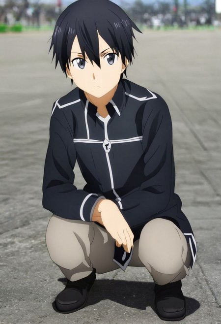 high resolution, solo, best quality, 1Boy, Kazuto Kirigaya, Black Hair, Black Eyes, lofi, candid, squat, depth of field, photo model, looking at viewer, OverallDetail