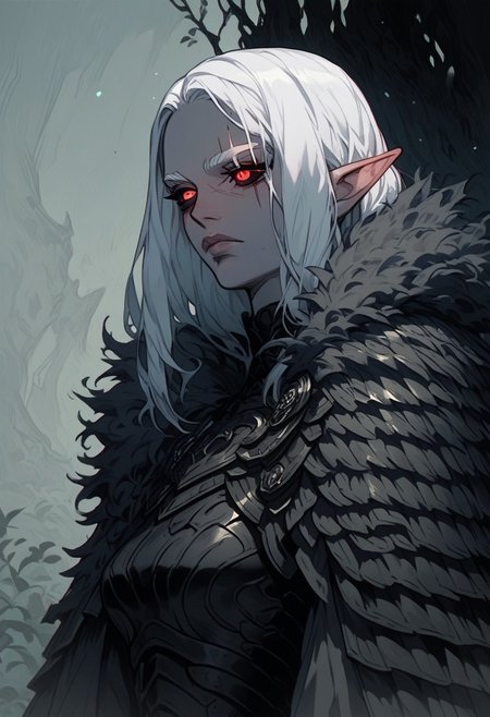 (score_9, score_8_up, score_7_up), source_anime, anime, female, elf, gray skin tone, white hair, red eyes, black sclera, refined, adult, straight, styled hair, calm expression, eye scar, adult, armor, fur cape, hands behind the back