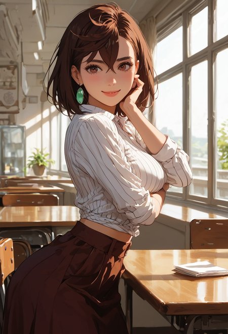 masterpiece,best quality, highly detailed, score_9, score_8_up, score_7_up, score_6_up, hyperrealistic,
 BREAK
 1girl, (((Momo Ayase, brown hair, medium hair, brown eyes, slender, full breasts, thick thighs, sexy, adult, ))),  (((sexy pose, closeup, focus on face, waist up photo, portrait)),
, (((striped shirt, tied in front, midriff, long skirt, , view from waist up, view from side, looking at viewer,,flirty smile)))
(((Standing, shy pose, by table,  , cute, cafe ))),, coffee shop, morning, by window, (((sexy setting,view from side, sunlight on body romantic, hidden))); , , vibrant colors, soft focus, textured surfaces, depth of field, dim, rich details,,background, (((solo)))