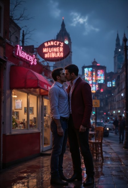 A hyper realistic photograph of outside an American diner restaurant with pink trimming on the edges and called "Nancy's". It's night time and dimly lit by the signs of the diner, rain is trickling in as the dark clouds of a thunderstorm covers the sky. Two men are romantically kissing outside in the rain, aidmafluxproultra