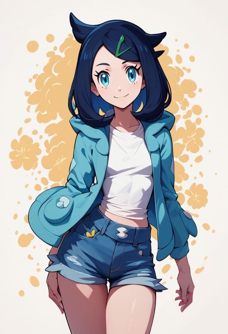score_9, score_8_up, score_8, medium breasts, (curvy), cute, eyelashes,     
rating safe, 
BREAK,
liko \(pokemon\), blue hair, hair clip, white shirt, hooded jacket, open jacket, denim shorts, 
BREAK,
smile, looking at viewer, 
abstract background, 
zPDXL, Expressiveh