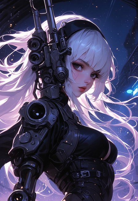 (score_9, score_8_up), score_7_up, long hair, looking at side, eyes focused on viewer, 1girl, standing, full black eyes, female focus, very close-up on face,  portrait, intricate details,  white hair with fringe, outdoors, neon lit tunnel background, night, dynamic pose, military outfit, giant massive gun, weapon, no breasts, cyborg, armor, cyberpunk, robot joints, complex details, mechanical girl, very detailed eyes, deep black eyes, totaly black eyes, water reflections , volumetric light, dust, particles, rim light, diffusion lights, octane rendering