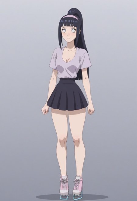 1girl, solo, (hinata, hyuuga hinata, purple eyes, blunt bangs, black hair, white eyes, no pupils, hyuuga hinata, bangs, blunt bangs, dark blue hair, white eyes, no pupils, big boobs,
solo, blush, embarrassed, expressionless, 
Fullbody, sexy, perfect body, hourglass figure, cleavage, butt, thick thighs, small waist, natural breasts, skin pores, detailed skin,
High ponytail, hairband, 
skirt,shoes,
m_miketa,
Ice skating rink,
 masterpiece, best quality
Expressiveh, g0thicPXL,