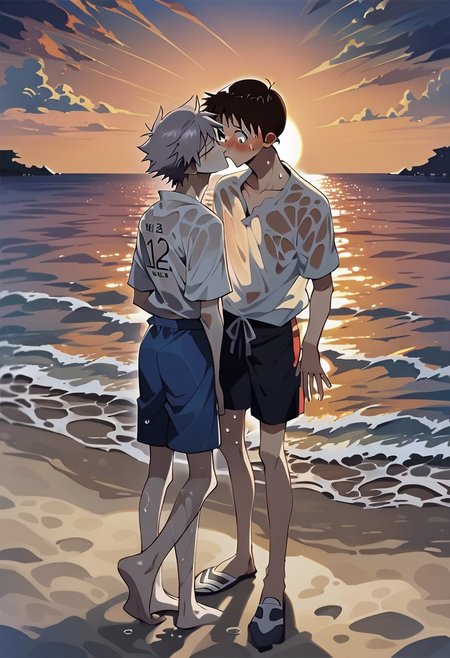 score_9, score_8_up, score_7_up, rating_questionable, BREAK,
2boys, daisyuki, kiss, kissing, standing, evangelion, shinji ikari, short hair, brown hair, blue eyes, kaworu nagisa, white hair, red eyes, wet shirt, wet clothes, nipple, shocked, eyes closed, blush, full body,
beach, sunset, orange glow, dark theme, low light,