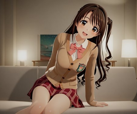 masterpiece, best quality, amazing quality, , 1girl, solo, looking at viewer, shimamura uzuki, cardigan, shirt, skirt, smile, open mouth,  <lora:New Kizuna AI ILL-v2:1> newkizunaai, 3d,