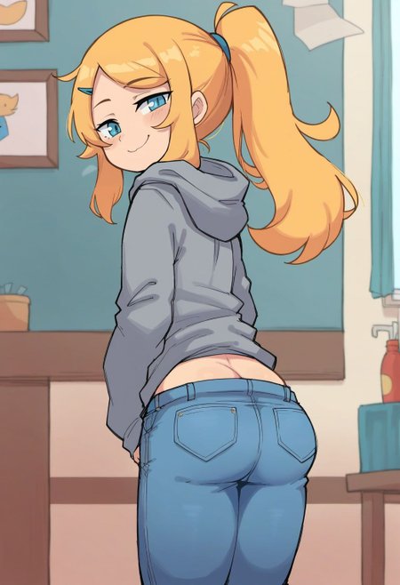 score_9, score_8_up, score_7_up, 
1girl, solo, long hair, looking at viewer, smile, hair ornament, long sleeves, closed mouth, blue eyes, standing, ponytail, ass, hairclip, looking back, indoors, hood, clothes lift, from behind, blond hair, hoodie, hood down, smug, grey hoodie, jeans,
<lora:gnsisir style v1-000007:0.7>, gns1s1r,