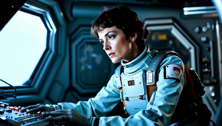 nostromo style,
woman wearing retro futuristic spacesuit, armor, spaceship interior, cockpit, window, control panels, buttons, switches, greebles, textured wall, wall pads, science fiction, horror,

extremely detailed:1.2, sharp:1.2, bold outlines,

sharp focus, detailed face, clear eyes, Detailed perfect hand