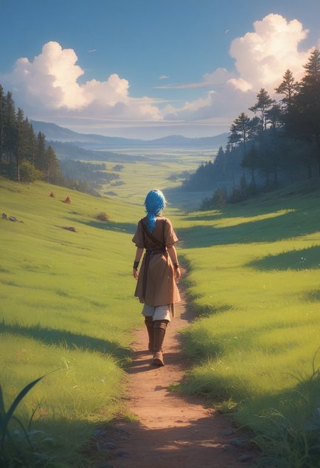 score_9, score_8_up, score_8, masterpiece, 2.5d, beautiful quality, smooth lines, clear lines, sharpness, lots of details, KDI, bright colors, contrasting colors, 
Person "1girl, blue hair, blue eyes"
Outfit "brown tunic"
Parameters "bare belly"
World "Fantasy landscape, field, forest, clouds, grass, dirt on the grass, moss, dew, leaves"