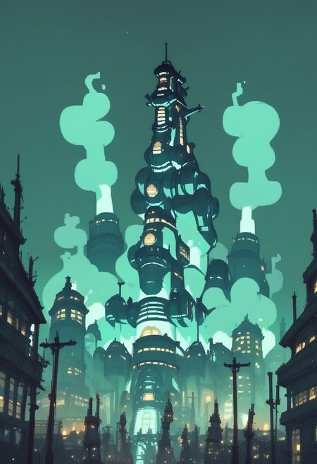 score_9, score_8_up, score_7_up, ShinRa headquarters in Midgar, ShinRa tower, Midgar divided into 8 sections, spotlights, smoke, fog, smog, city, night,