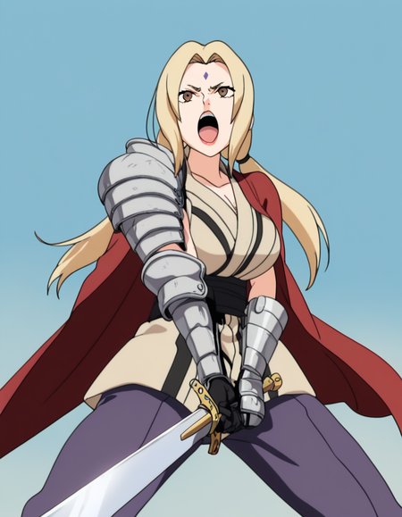 masterpiece, best quality, newest, absurdres, highres, safe,, <lora:tsunade-s2-ponyxl-lora-nochekaiser:1>, tsunade, blonde hair, yellow hair, facial mark, forehead mark, long hair, makeup, mature female, brown eyes, parted bangs, twintails, low twintails, large breasts, anime screencap, <lora:sunrise-stance-illustriousxl-lora-nochekaiser:1>, sunrise stance, weapon, sword, solo, open mouth, holding weapon, holding, holding sword, <lora:knight-ponyxl-lora-nochekaiser:1>, knight, armor, cape, shoulder armor, gauntlets, helmet, pauldrons, red cape,, ,
