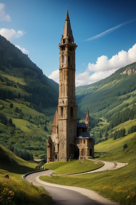 realistic analog photo, award winning photo, stone witow, no humans, scenery, blue sky, road, nature, outdoors, RAW, highres, 8k, uhd, High Dynamic Range, tonemapping, crisp details, portcullis,
