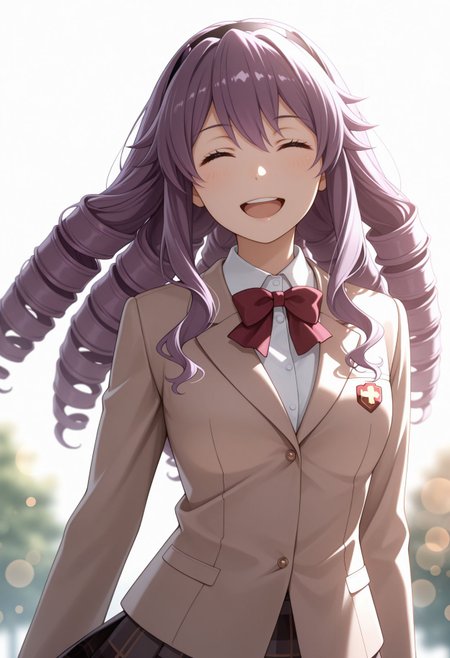 masterpiece,best quality,absurdres,highres,very aesthetic,high quality,detailed,insanely detailed,beautiful,perfect lighting, ,depth of field,blurry background,bokeh, looking at viewer, smile, 1girl, closed eyes, , smile, open mouth, white background, simple background, 
tokiwadai school uniform, winter uniform, red bowtie, brown jacket, dress shirt, white shirt, collared shirt, long sleeves, plaid skirt, pleated skirt, miniskirt,
 <lora:Hokaze Junko illu_2:1> 1girl, long hair, purple hair, hairband, purple eyes, drill hair