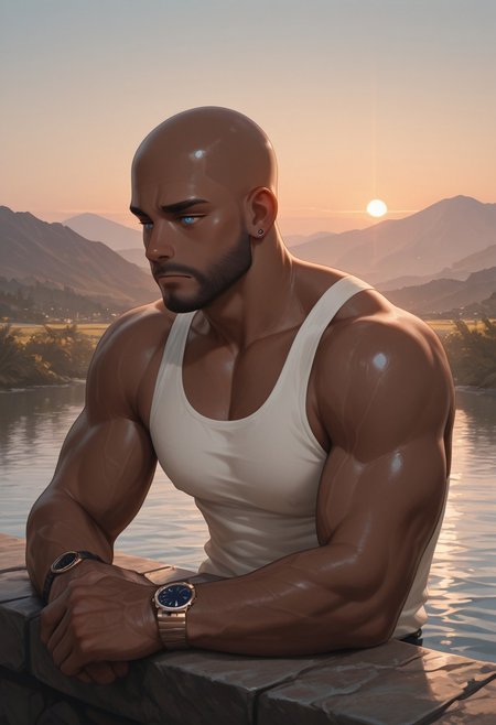 masterpiece, best quality, amazing quality, absurdres, newest, detailed background, definition so sharp, Ultra-HD, 8K cinematic, very awa, impressionate, amazing quality, highres, 
1boy, mbti_estj, muscular man, mature man, bald, dark skin, facial hair, blue eyes, watch, solo, lakeside, golden hour, gentle breeze, calm water, serene, natural light, soft glow, contemplating, looking at view, relaxed posture, earth tones, tranquil atmosphere, high quality, aesthetic, landscape