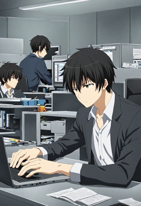 high resolution, solo, best quality, 1Boy, Kanie Seiya, Black Hair, worker, working, workstation, concentration, focus, laptop, OverallDetail