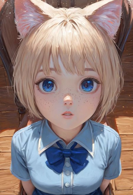 score_9, score_8_up, score_7_up, masterpiece, perfectly detailed, detailed face, detailed eyes, beautiful eyes, source_anime, hi res, masterpiece, best quality, highres, 1girl, , freckles, 1girl, animal ears, looking at viewer, red hair, parted lips, short hair, blue eyes, blue bow, indoors, cat ears, from above, short sleeves, animal ear fluff, blue bowtie, looking up, bangs, pov, sitting, collared shirt, solo focus, wooden floor, chair, blue shirt, borrowed character