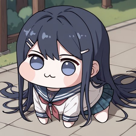 score_9, score_8_up, score_7_up, source_anime, solo, <lora:Doro_X_PDXL_V1:1> doro, creature, chibi, :3, white skin, <lora:SayakaDR-pdxl:0.64> defSaya, long hair, hairclip, school uniform, sailor collar, pink bow, long sleeves, serafuku, plaid skirt, outdoors