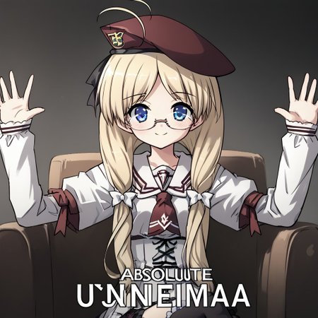 1girl, solo, yukiponeleeyes, blonde hair, long hair, low twintails, low-tied long hair, hair ribbon, ahoge, blue eyes, glasses, rimless eyewear, beret, kouryoukan_academy_school_uniform, frilled thighhighs, score_9, score_8_up, BREAK,  hands up, upper body, monochrome, greyscale, sitting, crossed legs, smile,