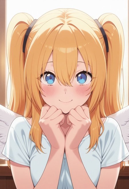 masterpiece,best quality,amazing quality, amano ririsa, long hair, blonde hair, blue eyes, 1girl, solo, smile, looking at viewer, twintails, blush, wings, upper body, hair between eyes