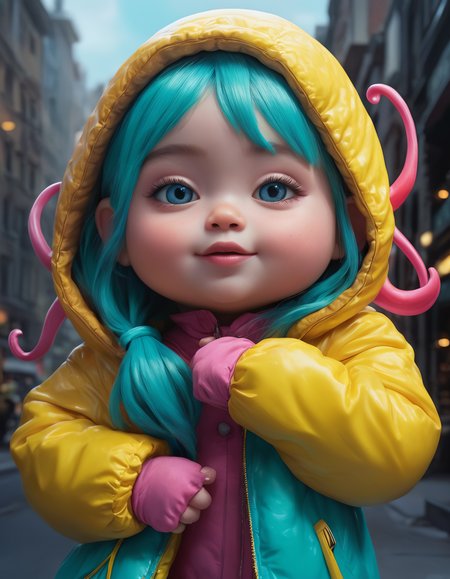 Airbrush painting, Passionate Alien chubby (Female:1.2) , she is in love, she is wearing a Puffer coat that was forged by Chanel, It is Tangerine, Lemon Yellow and Turquoise, Pink hair, character art, (3d art by Pixar:1.3) , (Beatrix Potter:0.7) , John William Waterhouse, F/8, Kinemacolor