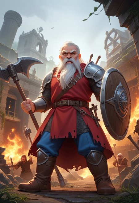 score_9, score_8_up, score_7_up, 
old male, Dwarf, mature, realistic, axe and shield, short stature, white hair, beard, moustache, big nose, angry, holding axe, berserk, 
source_anime,  in the fog,  ruins, surrounded by fire , medieval,  fantasy, 
from below, Expressiveh, solo focus,solo