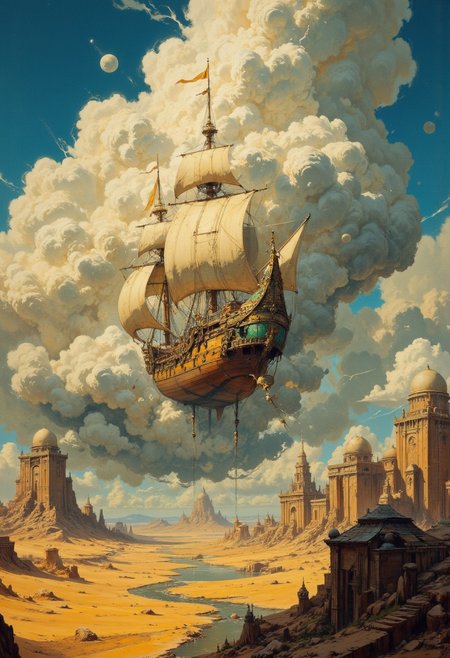 masterpiece, bird eye view, we see a magnificent sailing ship from a fairytale land floating through the cloud, golden hull, green huge sails, many decorations and ornaments on the ship, huge, below is the desert sand valley with mountains  adorned with jedi castles with round domes on mountains, yellow brown dramatic cloud  with blue sky, frazetta style