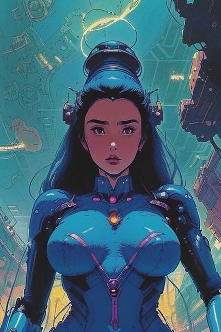 2d artwork, line artwork, comic aesthetics, (close-up:1.5), 3/4 view, (from below:1.5), gorgeous time travel woman, mind reading device, looking at viewer, surreal, breathtaking high-tech hardware background, line noise, ancient, retrofuturism, old comic paper, cyberpunk, crazy scenery, 1girl, big boobs, ladyboy