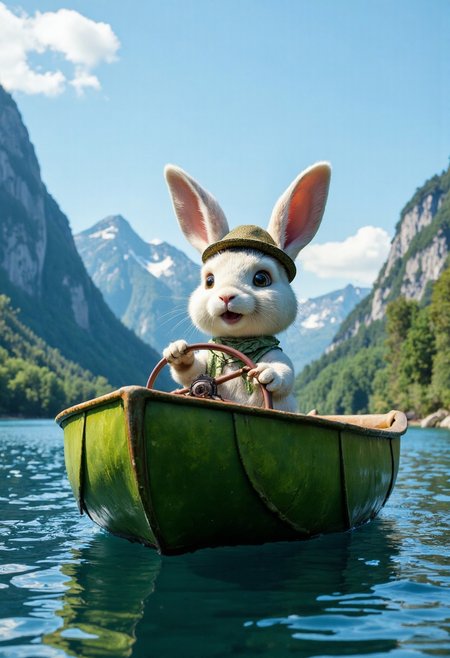realistic photo made with professional sony camera. 
, The image depicts a whimsical scene of a rabbit in a boat. The rabbit, which is the main subject of the image, is sitting in the center of the boat. It appears to be a cartoon or  rabbit, with a friendly and curious expression. The rabbit is wearing a hat and is holding a steering wheel, suggesting it is piloting the boat.
The boat itself is a large, green leaf, which adds a touch of nature to the scene. It's floating on a body of water, which is a deep blue color, indicating it might be a lake or a river. The water is calm, with small ripples visible on its surface.
The background of the image is a serene landscape. There are mountains in the distance, which are covered in lush green trees. The sky above is a clear blue, with a few clouds scattered across it. The overall atmosphere of the image is peaceful and idyllic, with a sense of adventure suggested by the rabbit's journey on the leaf boat.