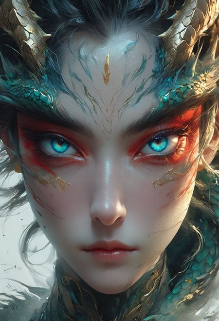 minimalism style, WLOP art style, a character worrior , facial muscles,  eye light, dragon behind, cinematic foootage,  fantasy, intricate details,8k post production,dark gold tone blue red white green