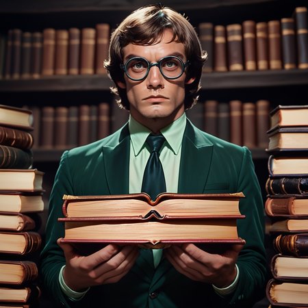 Score_9, score_8_up, score_7_up, score_6_up, BREAK  <lora:60sPsychedelicMovie2Pony:1> ArsMovieStill, movie still from a 60s psychedelic movie, The image shows a young man with shoulder-length brown hair and round glasses. He is wearing a dark green suit and tie and is standing in front of a stack of books. The man is holding a large stack of old books in his hands and is looking directly at the camera with a serious expression on his face. The background is dark and the books are arranged in a way that creates a sense of depth and dimension. The overall mood of the image is mysterious and edgy., book, solo, male focus, 1boy, book stack, glasses, holding, looking at viewer, holding book, shirt
