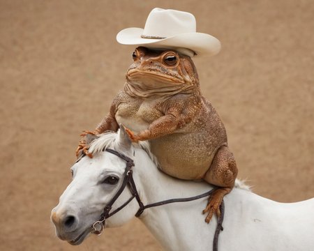 a (brown cane toad:1.6) wearing a cowboy hat is riding a (white horse:1.4), UHD, 8k
