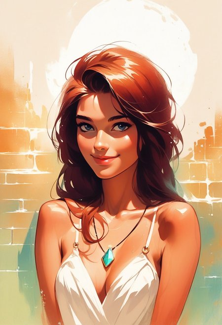 score_9, score_8_up, score_7_up, score_6_up, source_cartoon, 1girl, female, solo, femenine, petite, lean, pale skin,, soaking wet hair, smile, diaphonous white dress, bronze necklace, medium breasts, female focus, official style, close up, perfect anatomy, perfect face, standing,  abstract beauty, beautiful, centered, looking at the camera, approaching perfection, dynamic, moonlight, highly detailed, watercolor painting, artstation, concept art, smooth, sharp focus, illustration, portrait