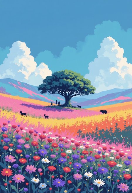 A vibrant and surreal landscape featuring rolling hills covered in vividly colored fields of flowers, transitioning seamlessly between shades of pink, orange, yellow, and blue. At the center of this picturesque scene stands a huge solitary, lush green tree, its foliage perfectly rounded and vibrant against the azure sky. /The tree is surrounded by tiny silhouettes of different animals: fox, rabbit, bear, dear, owl, wolf.
The foreground is alive with a riot of colorful wildflowers in full bloom, with petals of vivid pinks, purples, reds, and whites creating a dynamic and immersive texture. Each flower is rendered in intricate detail, contrasting beautifully with the soft, sweeping gradients of the hills in the background. The unique coloration of the hills, including an eye-catching striped blue and pink section, gives the scene a dreamlike, almost painterly quality.
Above, the sky is a crisp, clear blue, dotted with soft, fluffy white clouds in the daylight. God rays. The bright, saturated color palette evokes feelings of joy, holiness, wonder, and tranquility, while the surreal arrangement of the landscape adds an otherworldly charm.
This scene captures themes of harmony, natural beauty, and the blending of reality and fantasy. intricate details, rich textures of the hills, and the luminous quality of the sky. Emphasize the surreal gradients and the dreamlike atmosphere to fully immerse the viewer in this fantastical setting.
in the style of cksc, i11ustmin Illustration