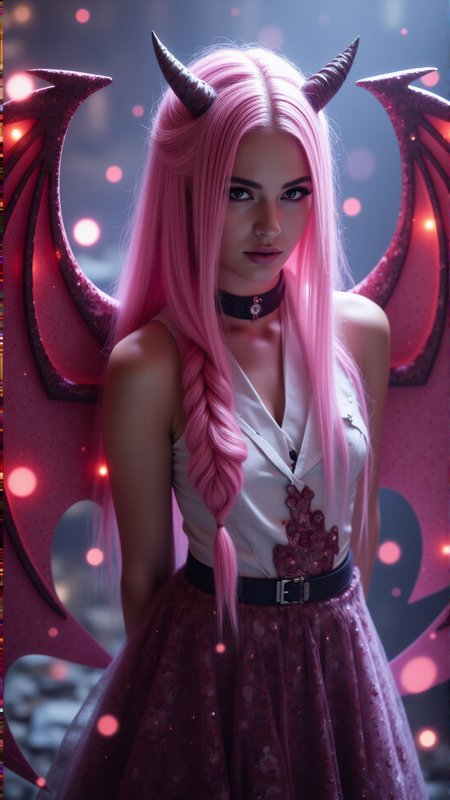 a professional photo shot of a breathtakingly beautiful caucasian woman, 25 yo, long pink hair with a herringbone braid, large demon wings, ((no demon horns)), ((japanese school girl uniform)), pale skin, diamond shaped face, She has a glamour and slender body with narrow hips, magical circles  as background, magical lights, light particles, dungeon, <lora:Dever_Flux_Enhancer:0.47>  <lora:breast-size4:-1.65> <lora:Hand v2:1> Perfect hand <lora:pose_dev_f1:0.75> <lora:sameface2:-0.2> <lora:Neon_Cyberpunk_Papercut_1_FLUX:1> mad-pprct1