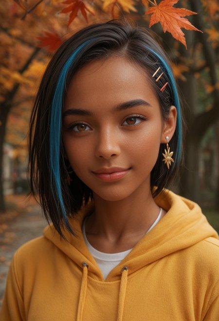 score_9, score_8_up, score_7_up, score_6_up, 
1girl, 25 years old, perfect face, 
dark-skinned female, adult, 
brown eyes, 
streaked hair, black hair, blue hair, asymmetrical bangs, hair ornament, hairclip, earclip, 
yellow hoodie, 
licking lips, naughty face, pervert, 
night town, autumn, autumn leaves,
portrait, face focus, detailed face, shy smile, blush