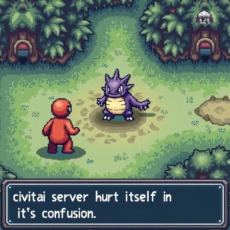 a screenshot from a retro pokemon game, showing a battle, a computer server is battling, text box at the bottom says "civitai server hurt itself in it's confusion"