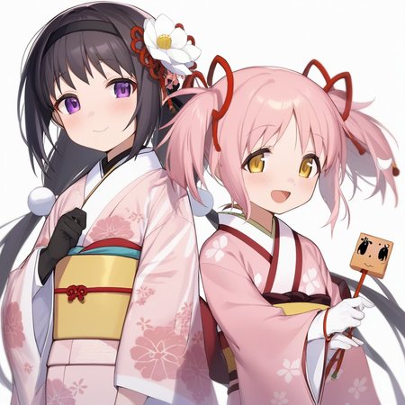 masterpiece,best quality,very aesthetic,absurdres,<lora:magica_2girl:1>,argyle_scarf, sakuramon, ema, hair_flower, white_gloves, highres, looking_at_viewer, jingle_bell, objectification, holding_arrow, simple_background, white_ribbon, sidelocks, print_kimono, hair_stick, kyubey, pink_kimono, official_alternate_costume, black_gloves, absurdres, hagoita, hamaya, closed_mouth, upper_body, open_mouth, han'eri, shippou_\(pattern\), black_hairband, red_ribbon, black_scarf, obi, long_sleeves, hair_ribbon, argyle_clothes, yellow_sash, 2girls, akemi_homura_\(haregi_ver.\), :d, kaname_madoka_\(haregi_ver.\), white_background, white_flower, holding_paddle, floral_print