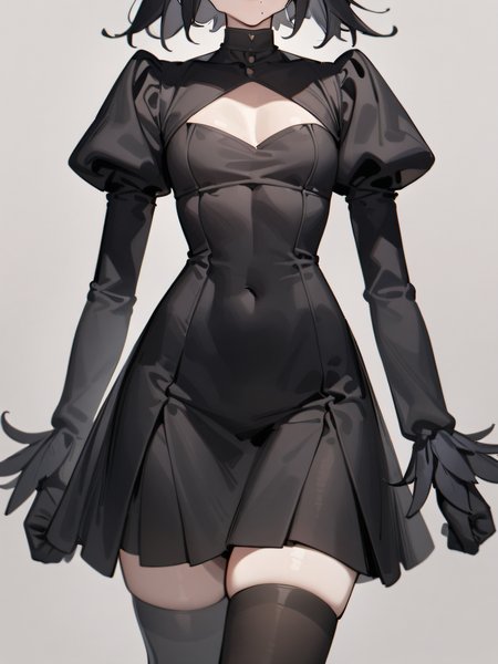 masterpiece, best quality, black blindfold, covered eyes, mole under mouth, clothing cutout, long sleeves, puffy sleeves, juliet sleeves, feather trim, black thighhighs, black gloves, black dress, black skirt,  <lora:Abbystea_Style_LoRA_XL:1>, abbystea style