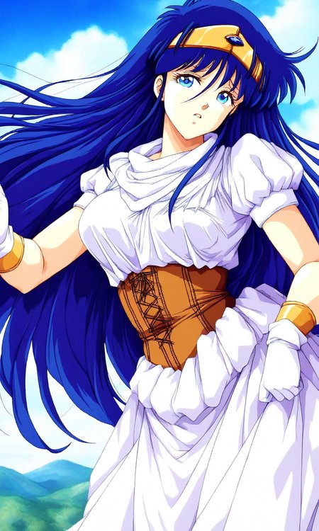 general,highres, ultra-detailed,very aesthetic,best quality ,best hands, BREAK <lora:Irene_La_Tias_XEXEX_IS:1> 1990s (style), 
Irene_La_Tias(XEXEX), 1girl, solo, very long hair, blue hair, blue eyes, tiara, large breasts, circlet, bangs,
white dress, white gloves, brown corset,
blue sky, game cg style,