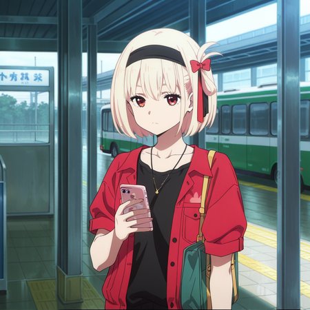 nsfw, masterpiece,best quality,amazing quality,1girl, solo,  lycoris_recoil_chisato_nishikigi, short hair, blonde hair, red eyes, black shirt, shirt,bangs, holding phone, red ribbon, hair ribbon, ribbon, black hairband, red jacket, bag, one side up, jacket, hairband, looking at phone, collarbone, necklace, jewelry, closed mouth, short sleeves, bob cut, bus station, <lora:Chisato_Nishikigi_-_Lycoris_Recoil:0.7>