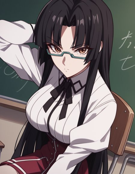 score_9, score_8_up, score_7_up, source_anime, <lora:tsubaki-shinra-s2-ponyxl-lora-nochekaiser:1>, tsubaki shinra, long hair, black hair, brown eyes, glasses, semi-rimless eyewear, under-rim eyewear, parted bangs, bangs, blunt bangs, large breasts, shirt, ribbon, school uniform, white shirt, black ribbon, neck ribbon, long sleeves, skirt, red skirt,, classroom, chalkboard, day time, studying, sitting, chair, desk,, , looking at viewer, hand behind head, , solo,, cowboy shot, dutch angle,