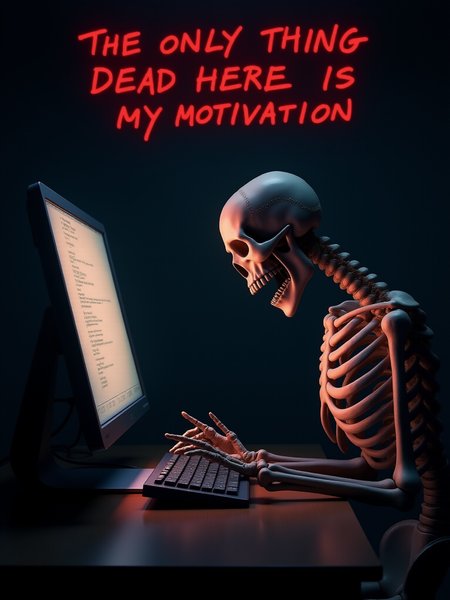 (the words "The only thing dead here is my motivation" in dark red at the top:2.0), a skeleton yawning at a computer screen, text focus, <lora:Text_Logo_-_Style:1>