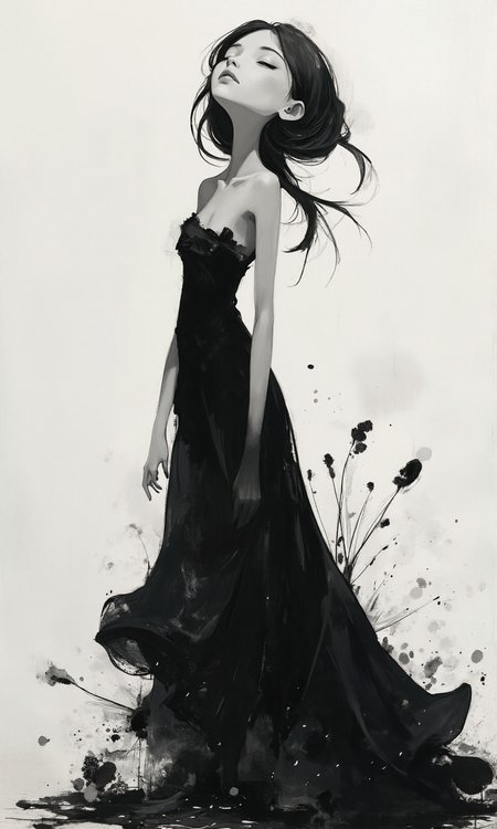 A full-length shot, from the knees up, depicts a stylized female figure, rendered in a painterly style with a grayscale palette. The figure is positioned slightly off-center and is gazing upward; her head is tilted back.  The figure appears to be wearing a long, flowing dress, primarily black, with its form suggested by long, dark strokes and splashes of paint. The dress appears to be billowing, as if caught in a gentle breeze. The hair is long, dark, and flowing, mirroring the movement of the dress. The face is delicate, with barely visible features; the eyes are closed, and the expression is serene. The body pose is relaxed and graceful, yet almost ethereal, with a soft curve to the body from the shoulders down. The figure appears almost weightless, with the dress blending into a dark, slightly textured background. The shapes are organic and flowing. The dress and hair have soft, sweeping lines, with the dress having long, dark brushstrokes blending into the background.  The background is mostly white, contrasting sharply with the dark dress and hair. There are also splotches of dark gray and black around the bottom of the dress, resembling splashes of paint.  The lighting is subtle and diffused. It appears to be even across the image, creating a soft, dreamlike quality. The dark dress stands in stark contrast to the white background, resulting in a dramatic effect., <lora:FLUX-daubrez-DB4RZ-v2:0.5> DB4RZ, DB4RZ style painting
<lora:realcartoon3d-flux_v2:0.5> realcartoon